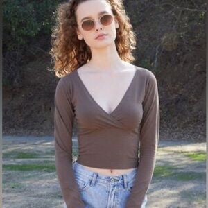 Brandy Melville Brown Amara Surplice Long Sleeve Top